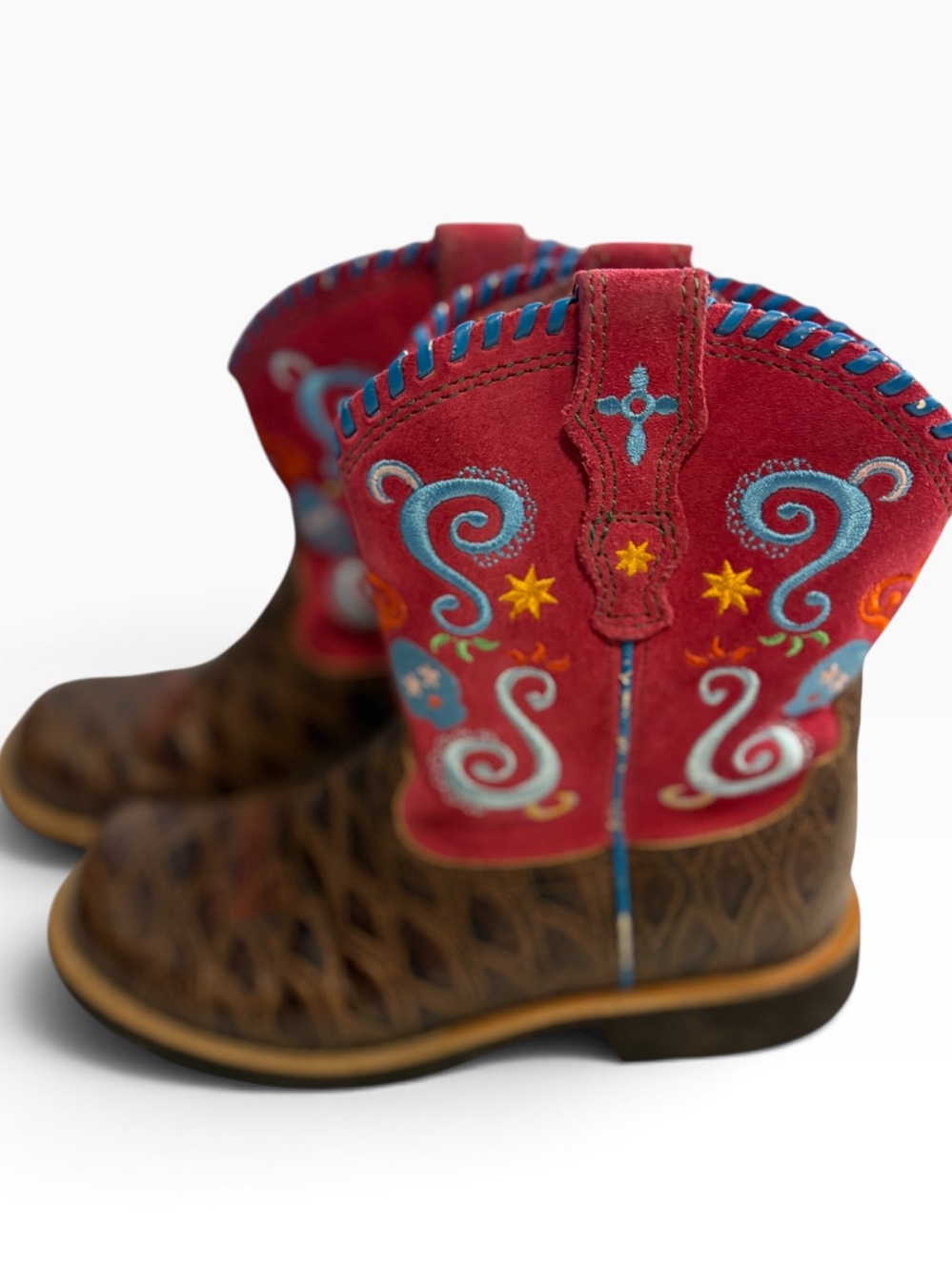 Ariat Youth Size 4 Western Cowboy Boots Pink Embroidered Brown Leather